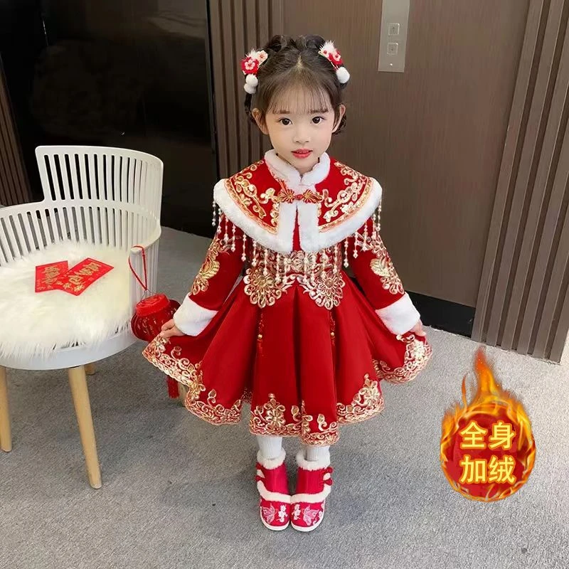 汉服女童冬装连衣裙新款中国风儿童古装裙子加厚宝宝拜年服冬季