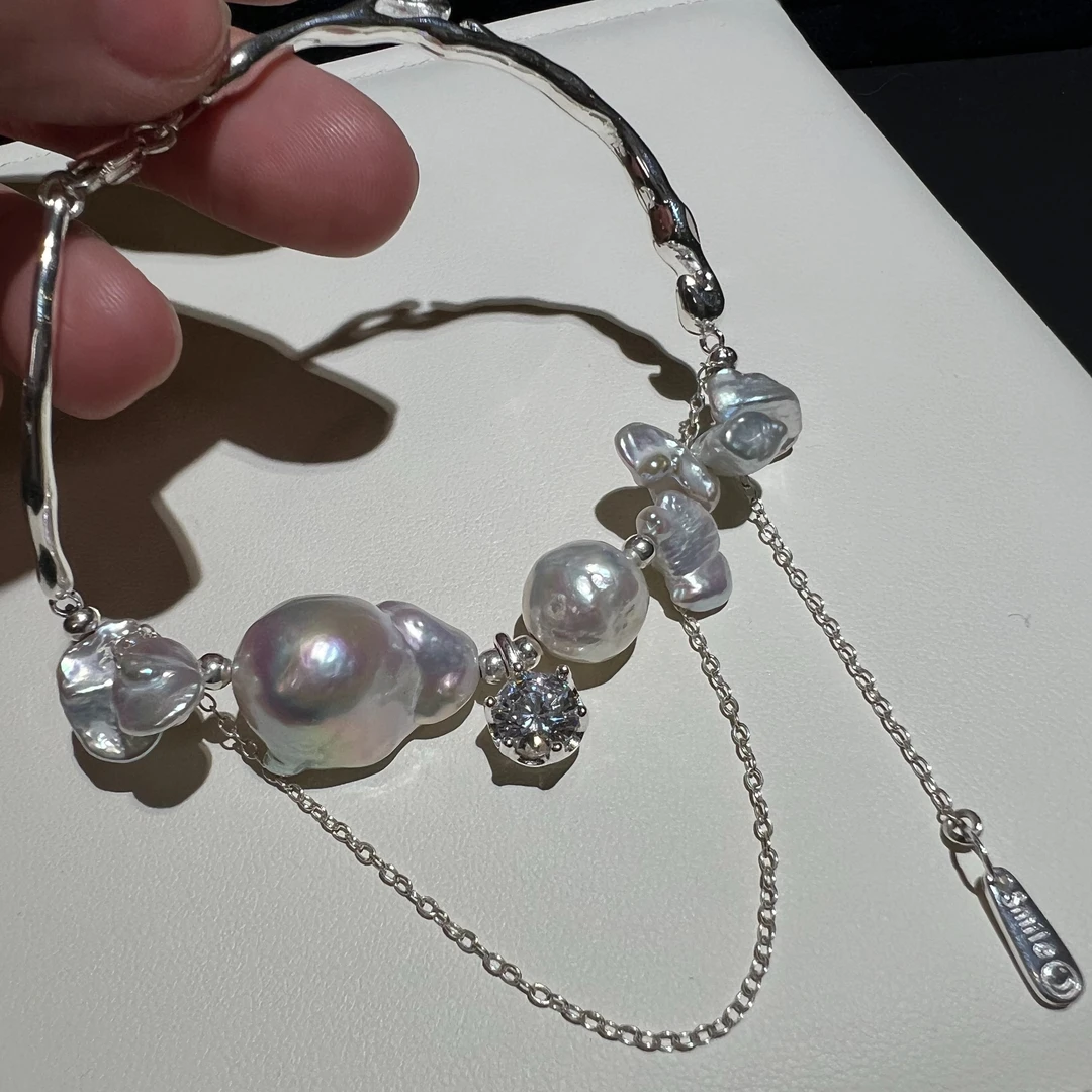 “玫瑰花园”蓝血巴洛克珍珠银蓝光小碎银S925银手镯