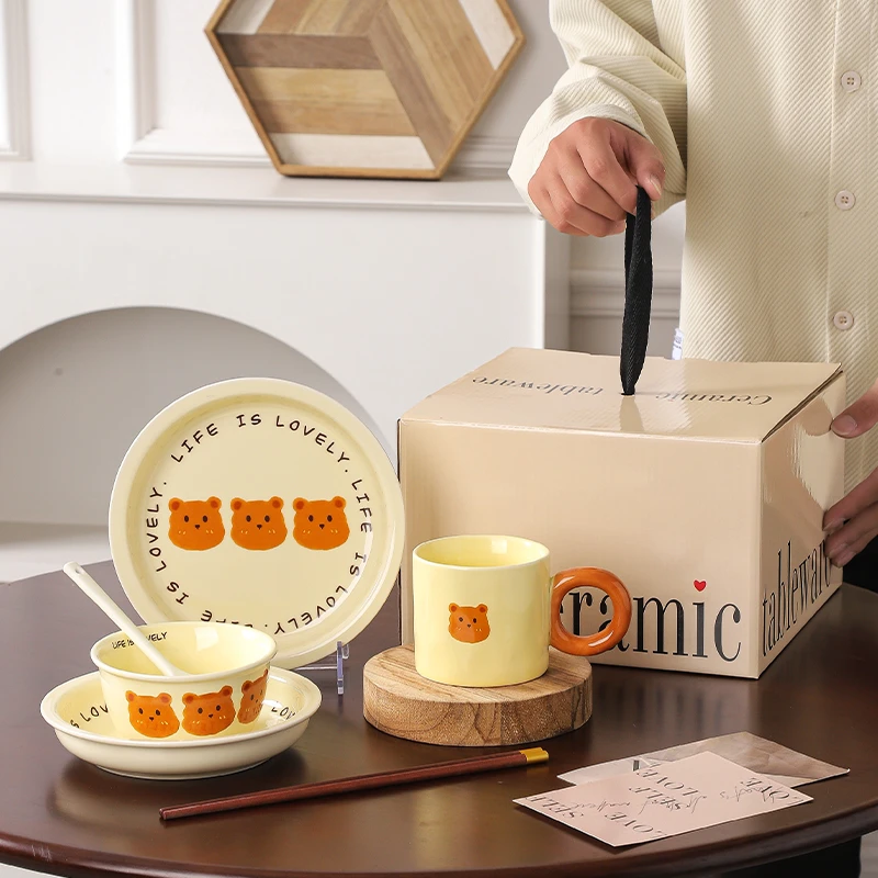 陶瓷餐具碗勺家用碗碟盘套装骨陶瓷碗微波炉碗可爱创意大容量饭碗