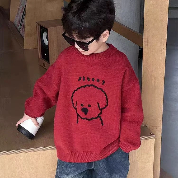儿童加绒加厚男童2024秋冬女童百搭卫衣红色小狗圆领卫衣