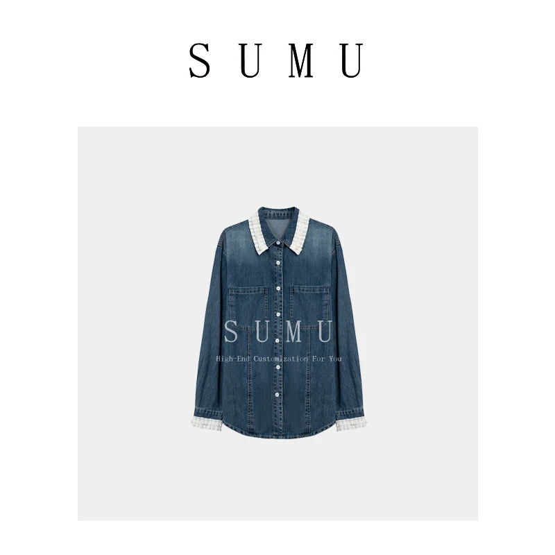 【大叔专享】宿慕SUMU女款拼接领珍珠牛仔上衣休闲百搭外套88013