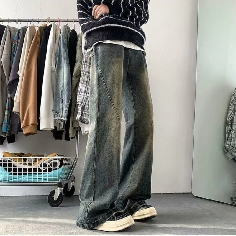 美式高街牛仔裤男款重磅复古微喇裤潮牌宽松直筒阔腿潮流港风裤子
