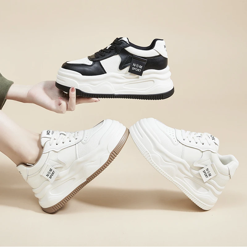 PC9163真皮厚底松糕小白鞋女2025春季新款加绒女鞋百搭休闲板鞋子