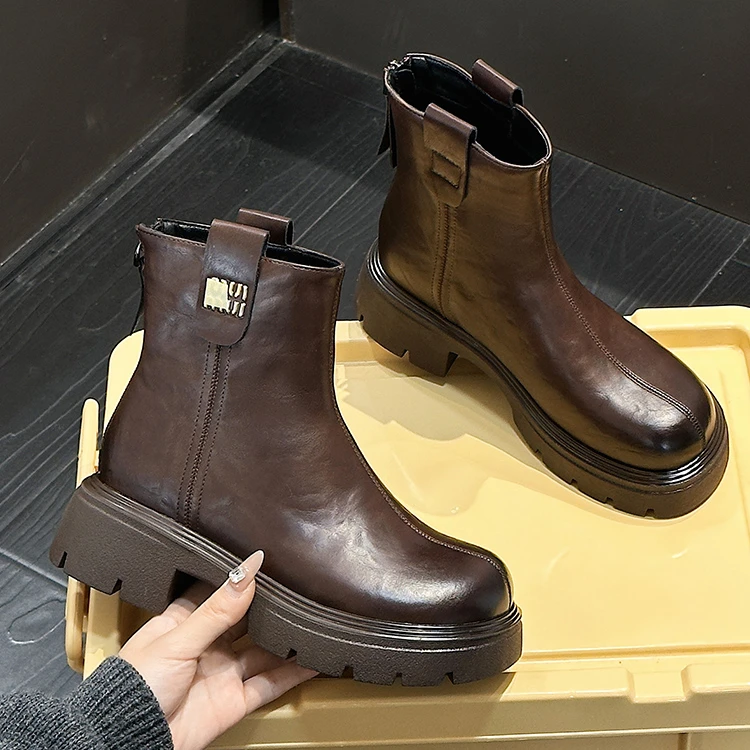 8506-20厚底真皮马丁靴女2024冬季新款加绒瘦瘦弹力靴复古短靴子