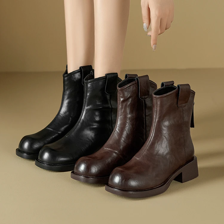 882加绒马丁靴2025冬季加绒软底舒适后拉链粗跟靴子英伦风短靴