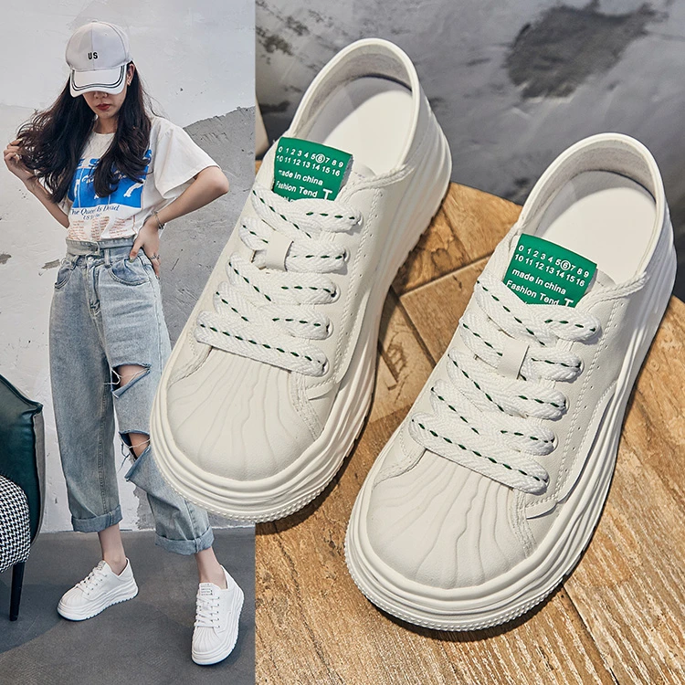 18215贝壳小白鞋女真皮百搭厚底增高松糕鞋轻便两穿休闲运动板鞋