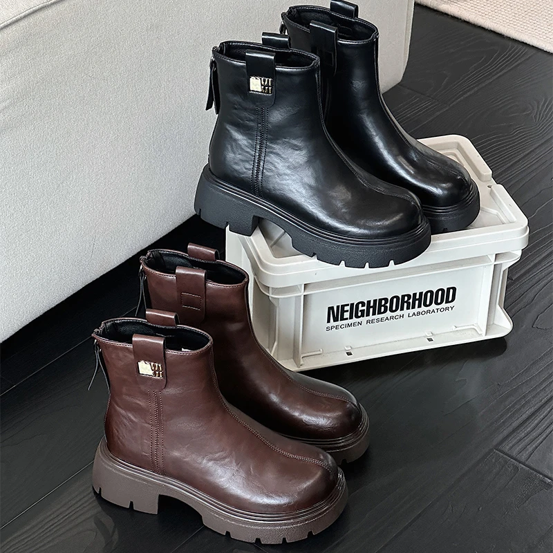 8506-20厚底真皮马丁靴女秋冬季新款加绒瘦瘦弹力靴中筒复古短靴