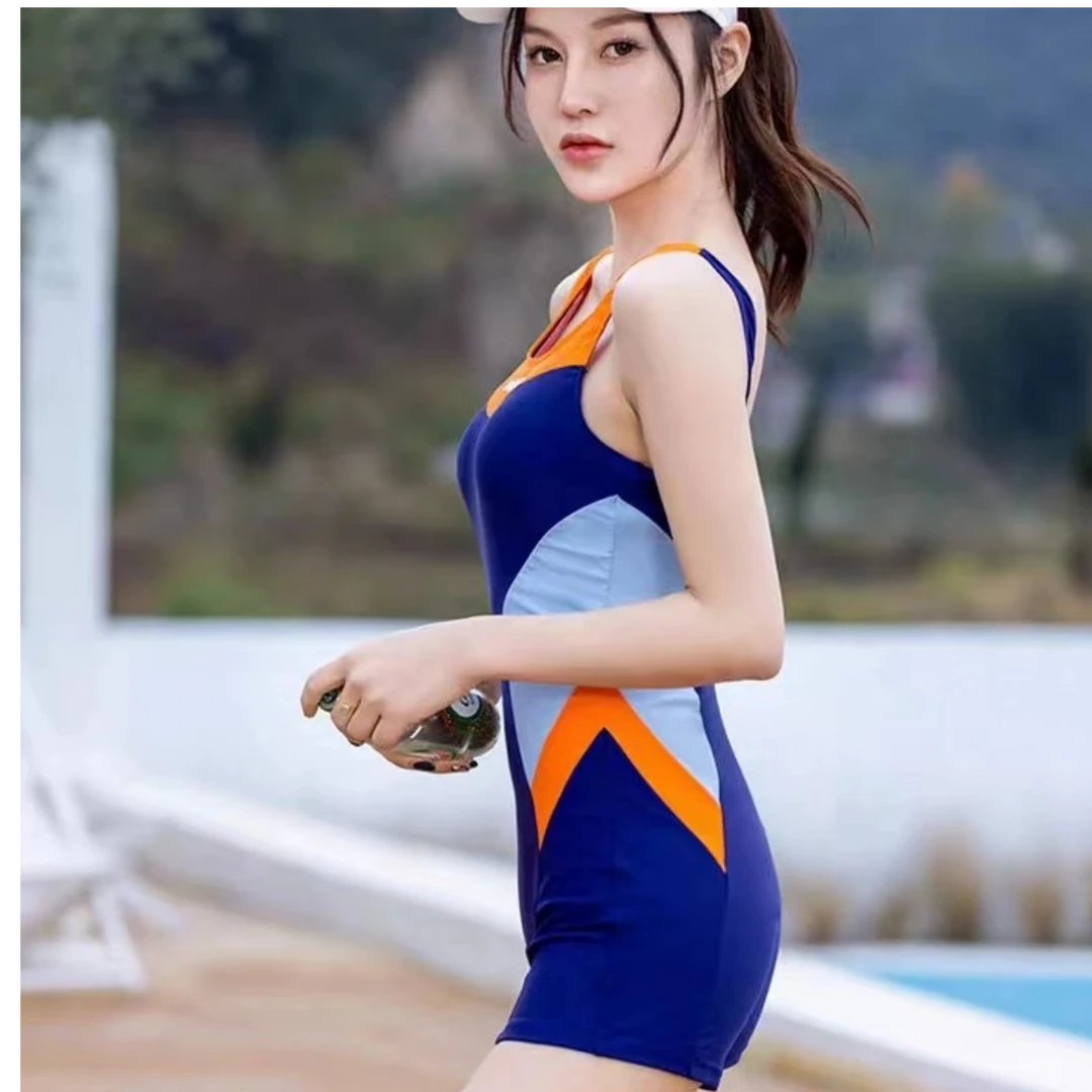 836专业竞速连体背心平角拼色显瘦修身 运动游泳衣女