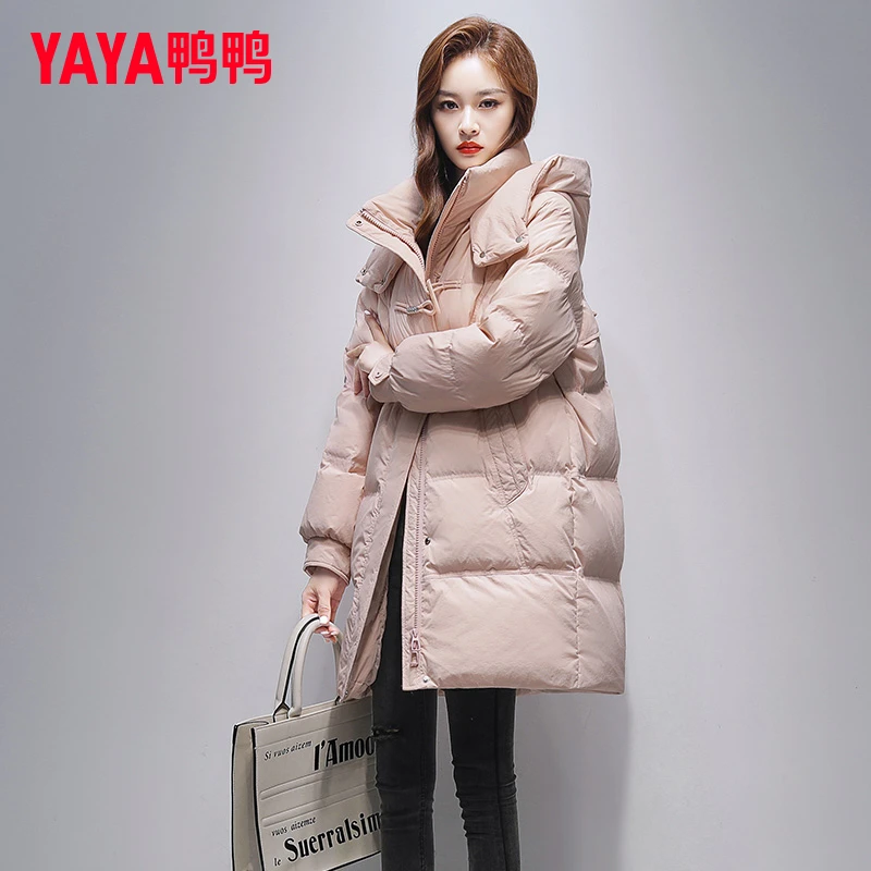 YAYA/鸭鸭中长款羽绒服女士连帽冬季2024新款宽松小个子保暖外套