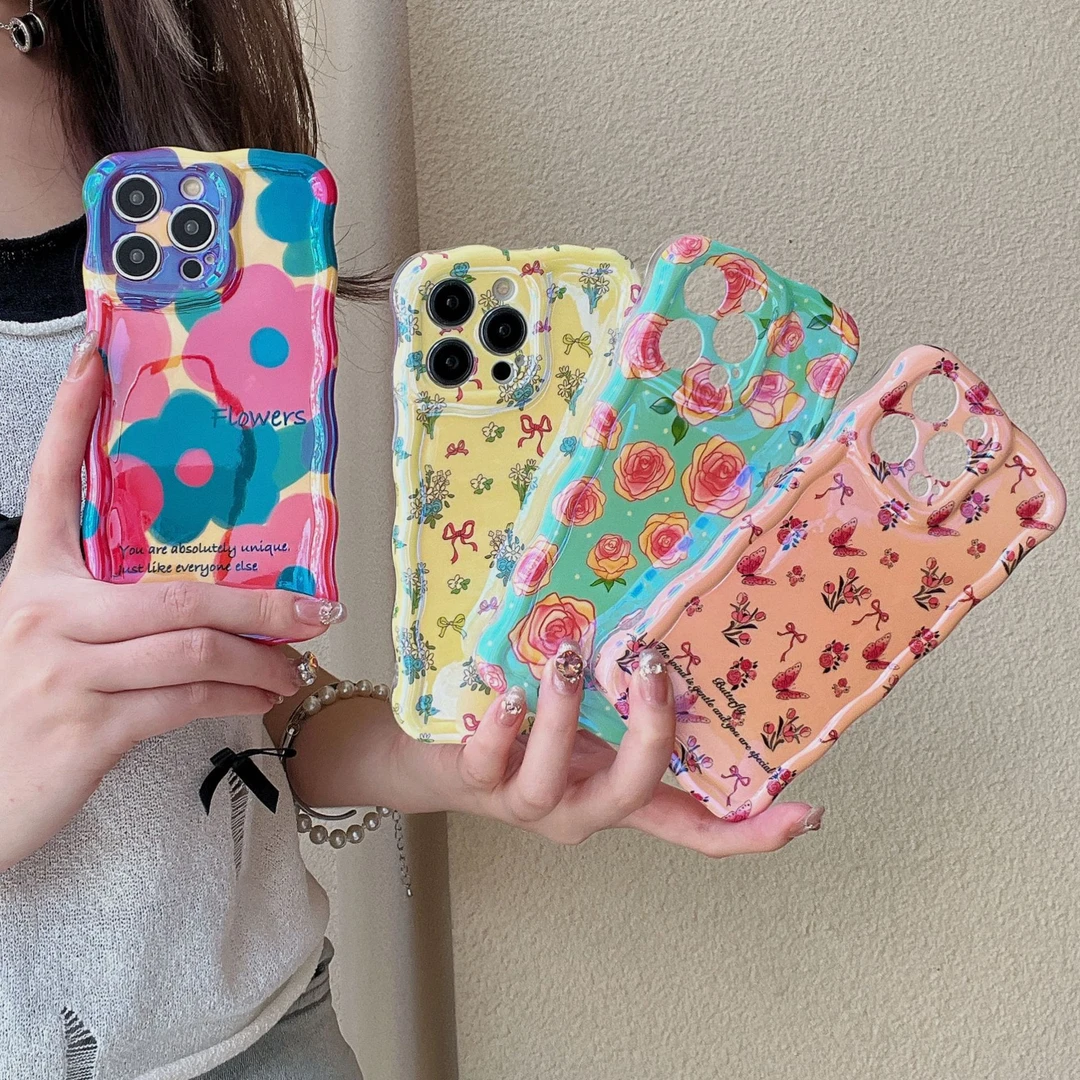 蓝光彩色油画花朵适用iPhone14promax苹果15手机壳波浪新款12/13