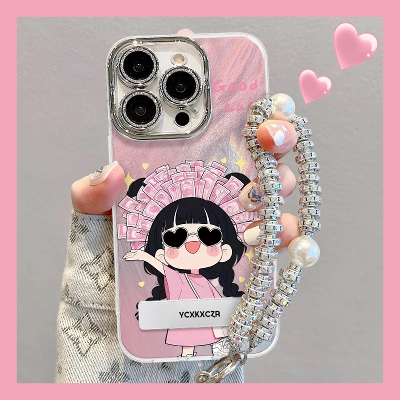 可爱女孩手机壳适用于苹果15/OPPO华为VIVO创意精孔羽纱壳网红新