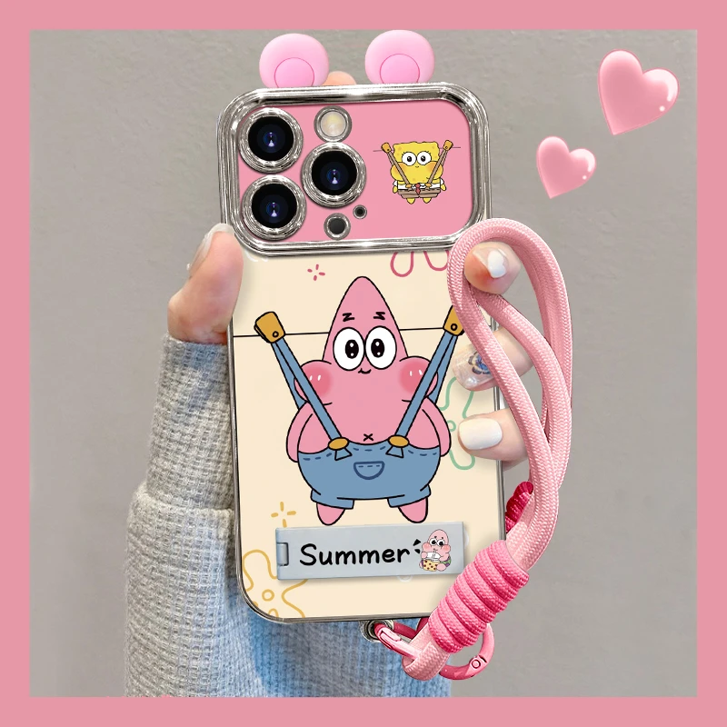 卡通背带裤海绵宝宝苹果15/14pro手机壳12可爱派大星13电镀大视窗