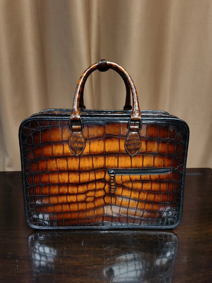 双层鳄鱼皮手工搽色公文包烟草41/31/15cm高档商务休闲纯手工大号