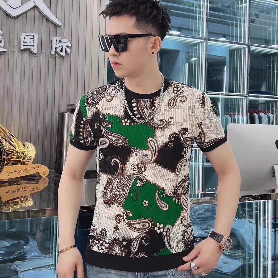 夏季新款男士冰丝蜂窝网透气高弹圆领时尚潮流百搭上衣短袖帅气