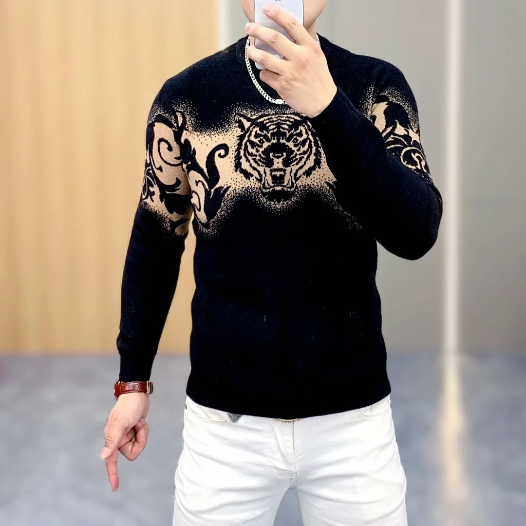 2024秋冬新款摩卡绒高弹修身高品质时尚男士长袖打底衫毛衣