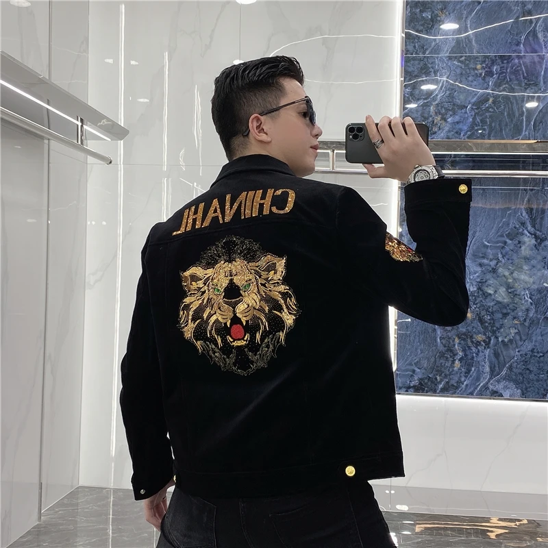 欧版男士轻奢潮牌灯芯绒刺绣亮片修身加棉外套8650时尚潮流帅气