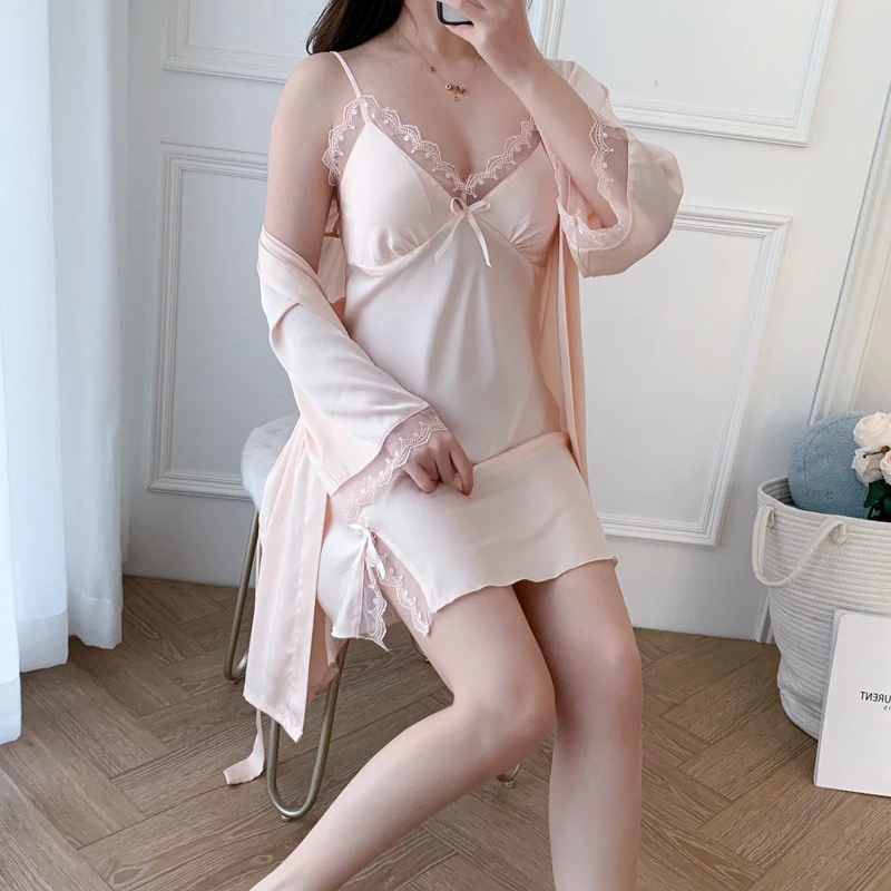 女士薄款大码性感新款纯欲冰丝网红睡衣女套装(带胸垫)吊带战袍