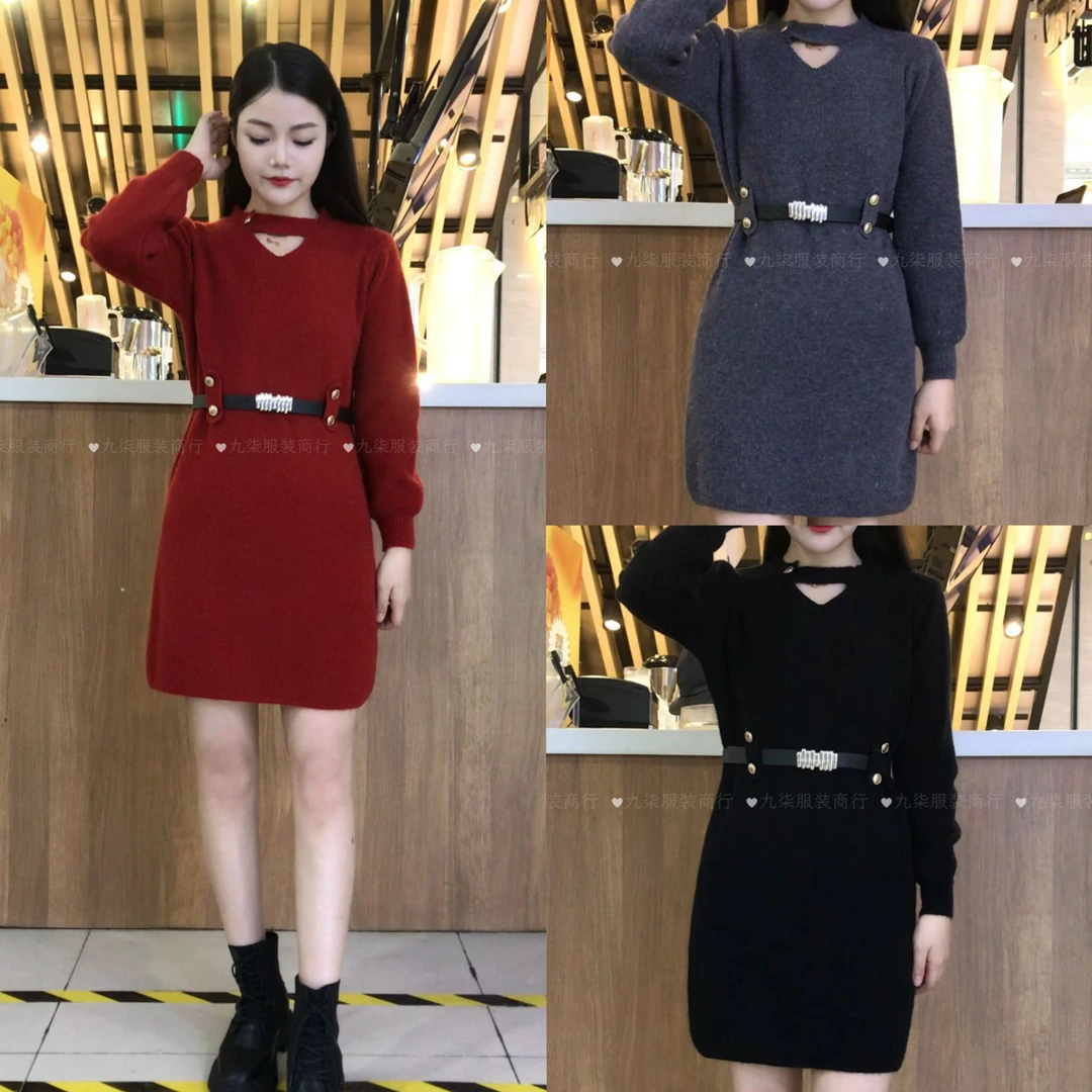 小个子气质腰带针织连衣裙2025秋冬新款收腰显瘦时尚百搭毛衣裙
