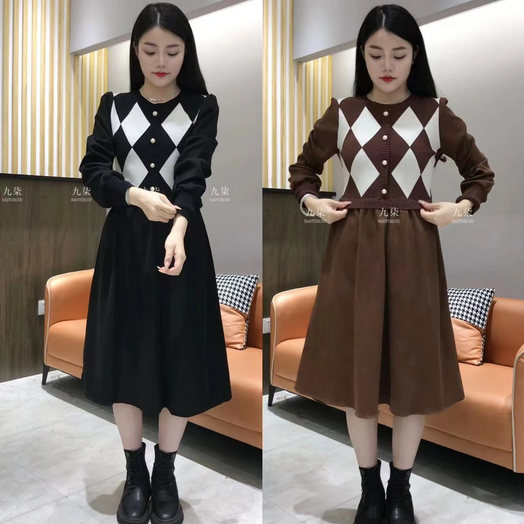 秋冬菱形格拼接连衣裙2024新款假两件收腰针织裙气质女装连衣裙
