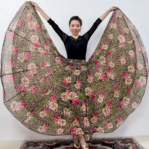 A110弹力网纱女装印花半身裙/720大摆/带衬裙