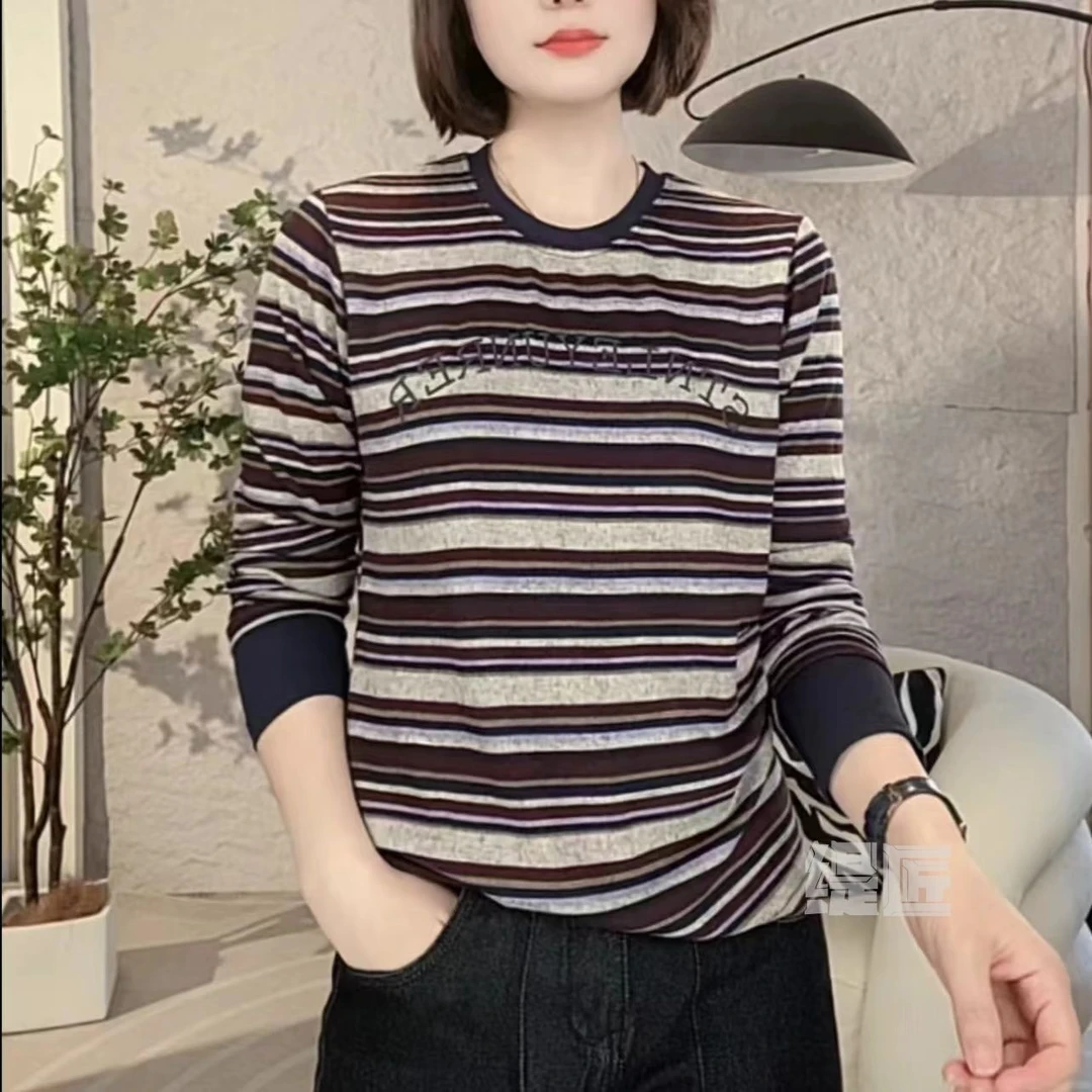 无品牌条纹上衣显瘦长袖时尚百搭套头圆领秋季针织休闲女士