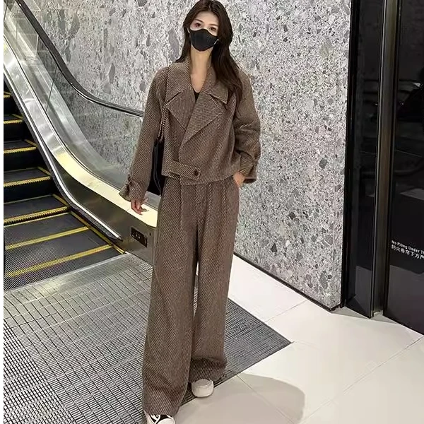 欧货高级感休闲套装女2024秋冬新款时尚宽显瘦加厚毛呢外套阔腿裤