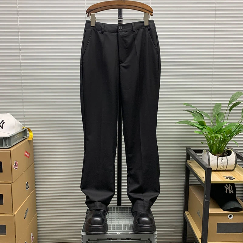 夏季新款潮牌薄款直筒宽松阔腿西装裤男士设计感纯色微喇休闲长裤
