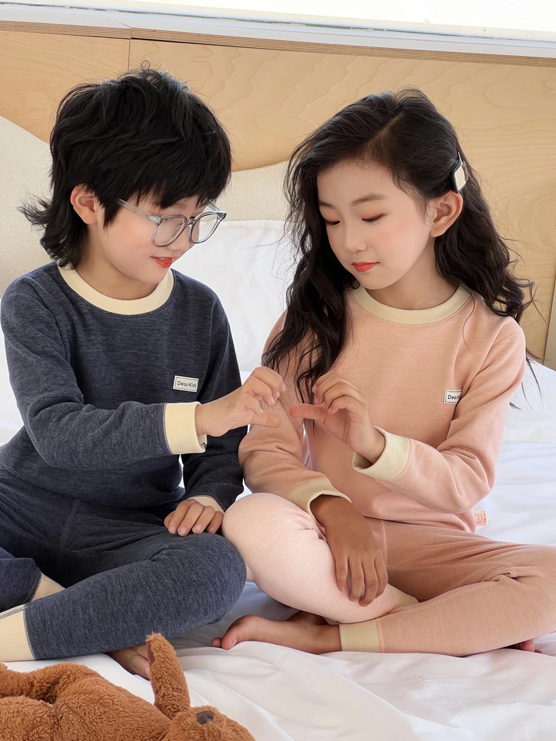 羊毛蚕丝儿童睡衣家居服保暖秋冬内衣套加厚圆领冬季加绒男童童装