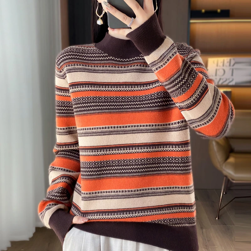 断色断码-厂家特价处理！加厚女士半高领毛衣复古条纹针织衫