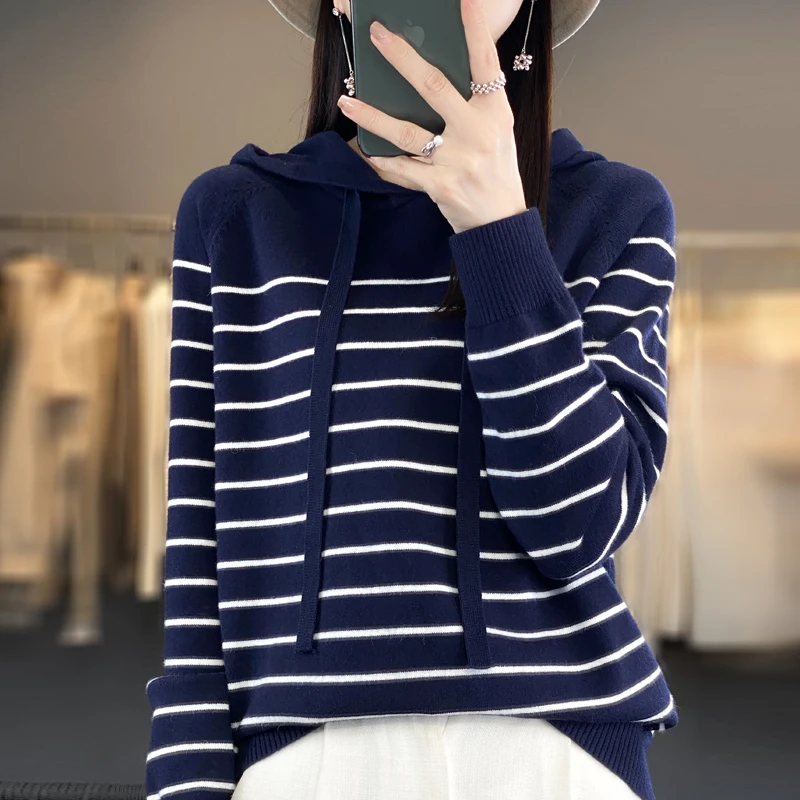 秋冬新款条纹连帽卫衣女宽松内搭带帽毛衣女减龄加厚打底针织衫