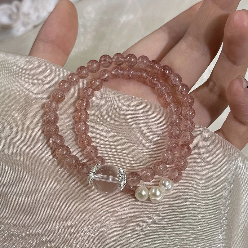 tx367-双圈白体草莓晶白水晶淡水珍珠14k锆石手串