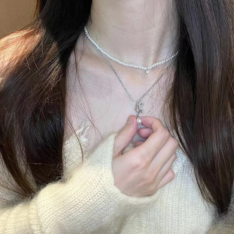 不锈钢项链 tx670-[520宠溺]半蝴蝶珍珠双层叠带项链