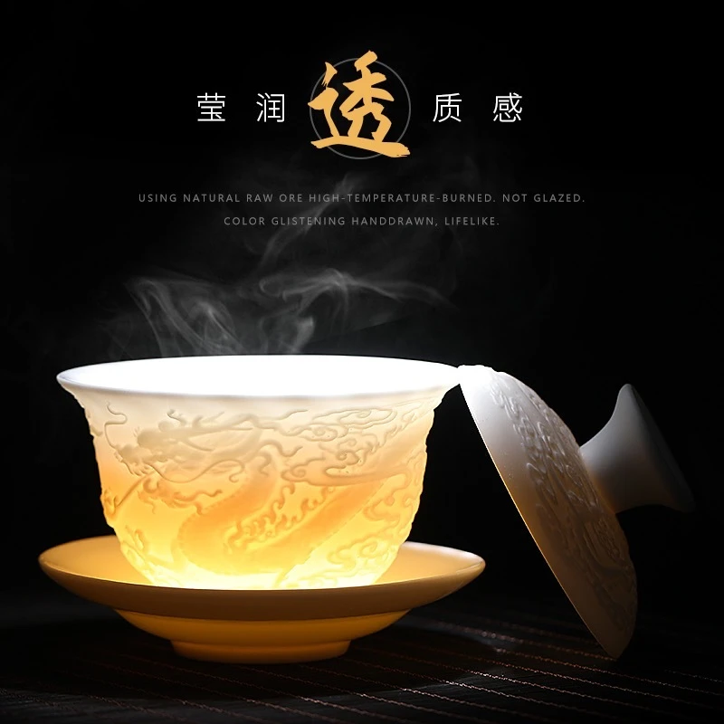 德化羊脂玉白瓷三才盖碗功夫茶具家用泡茶碗单个茶器大号茶碗