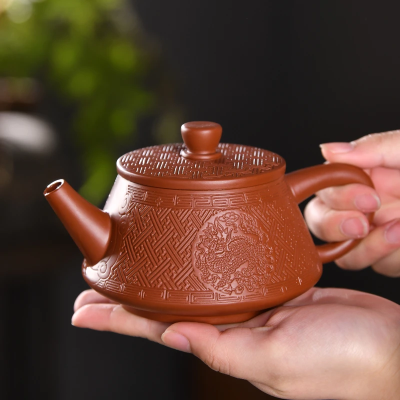 紫砂壶原矿朱泥泡茶壶功夫茶具家用单壶浮雕龙纹泡茶器茶道壶品茗