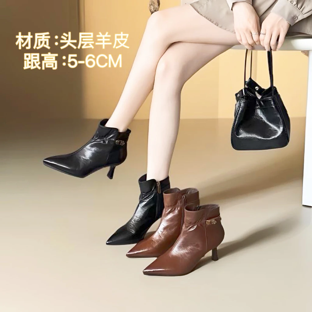 ZOORTTAR秋冬新款真皮高跟短靴细跟马丁靴女中跟全皮小短靴188369