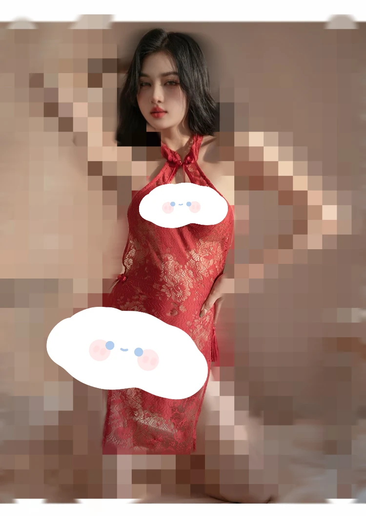 性感水滴情侣内衣镂空睡衣吊坠绑带蕾丝高腰开叉古风旗袍性感睡裙