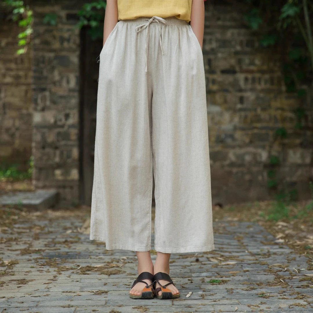 棉麻阔腿裤女夏装2025新款宽松薄款垂感百搭休闲亚麻直筒九分裤子