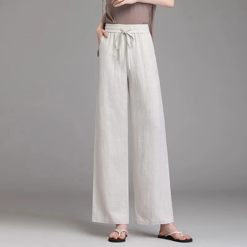 亚麻绳子阔腿裤女2025夏季新款高腰显瘦阔腿裤宽松百搭直筒休闲裤