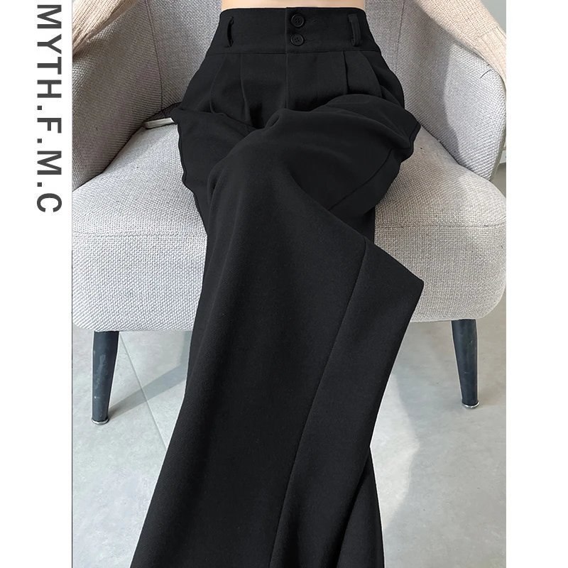 黑色高级感毛呢西装裤子女秋冬季2025新款高腰直筒窄版阔腿裤