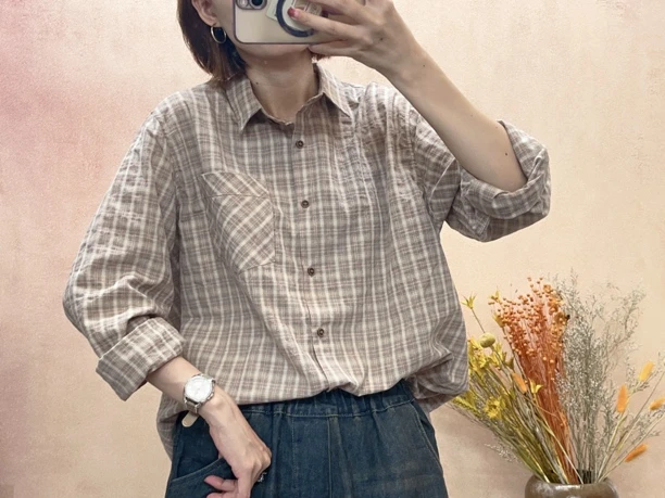 休闲宽松纯棉女装格子衬衫长袖时尚百搭