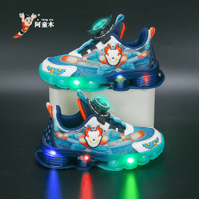 atongmu/阿童木 奥特曼男童运动鞋2023春秋新款透气网面男孩旋转纽扣发光鞋