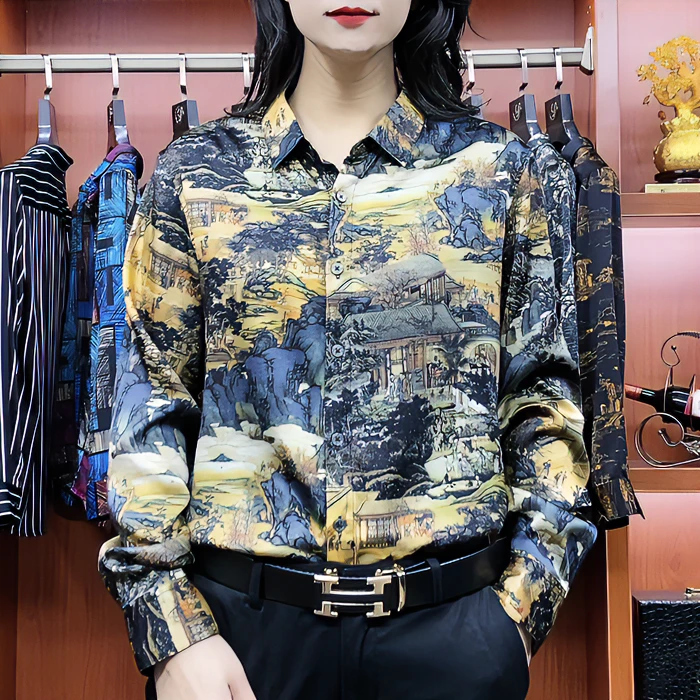 新款男士桑蚕丝衬衫长袖夏季新款清明上河图花色时尚休闲真丝上衣