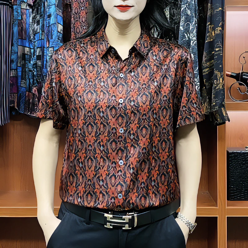 新款高端时尚男士桑蚕丝衬衫短袖印花商务翻领男装男款修身休闲