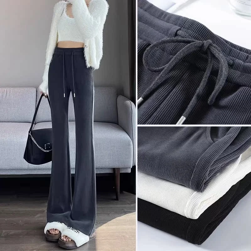 灯芯绒喇叭裤女秋冬季加绒加厚雪尼尔灰色高腰显瘦小个子微喇裤子