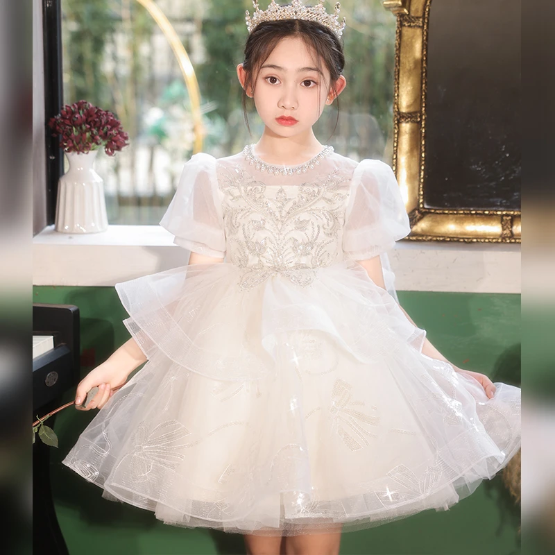 女童夏装高端礼服公主裙女宝主持演出花童连衣裙儿童洋气白色裙子
