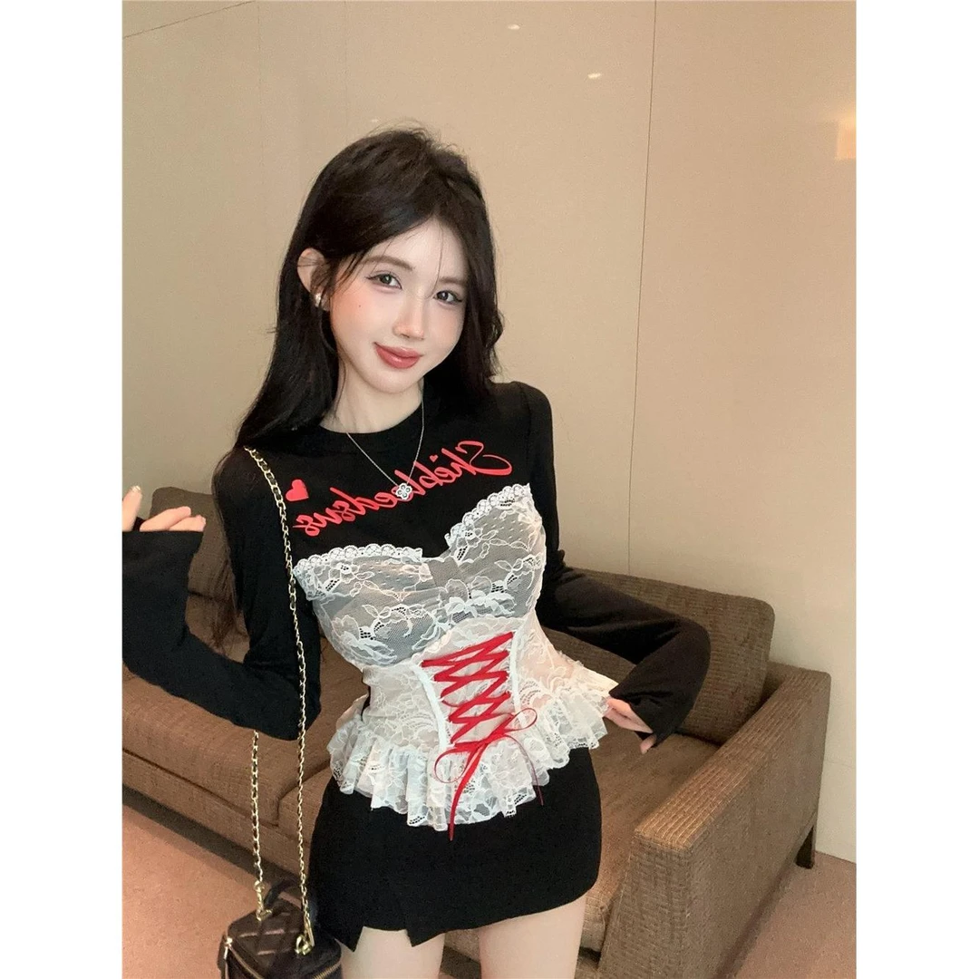 美式复古木耳边T恤女冬季辣妹设计感修身长袖打底衫蕾丝拼接上衣