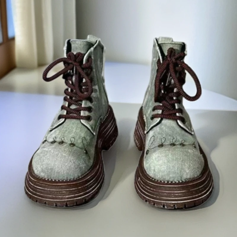 机车马丁靴牛仔色黄色黑色水洗做旧酷酷风跟高5厘米松糕鞋底70663