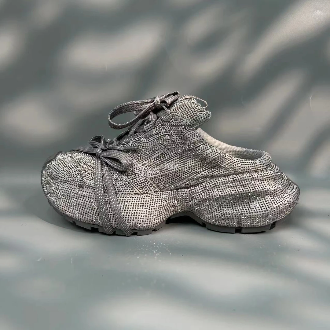 满天星钻鞋老爹鞋半拖鞋黑色银色5.5厘米软底绑带拍大一码-228811