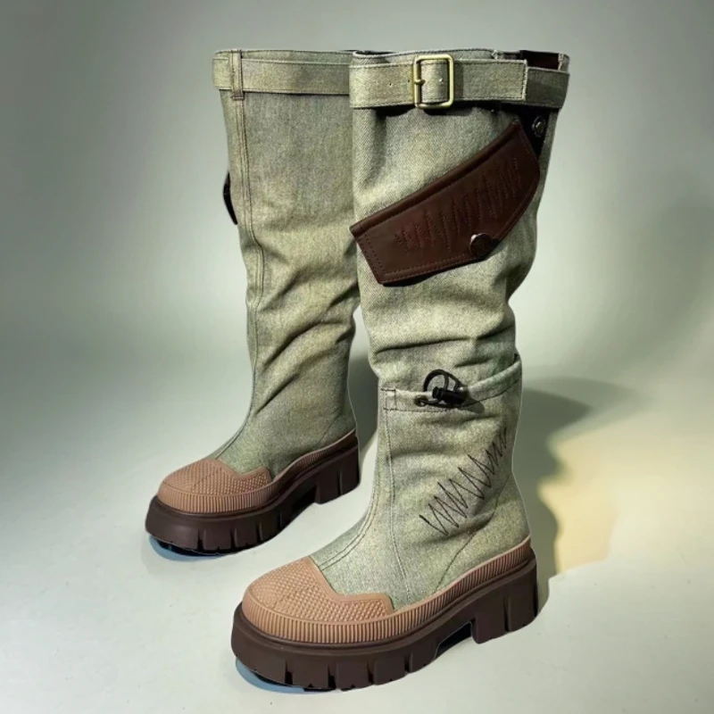 牛仔长靴堆堆靴筒高39厘米跟高5厘米四季款腿带长靴透气甜美31999