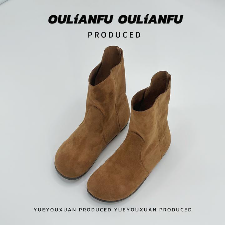 文艺复古平底马丁靴女2024秋冬新款百搭圆头套筒切尔西短靴